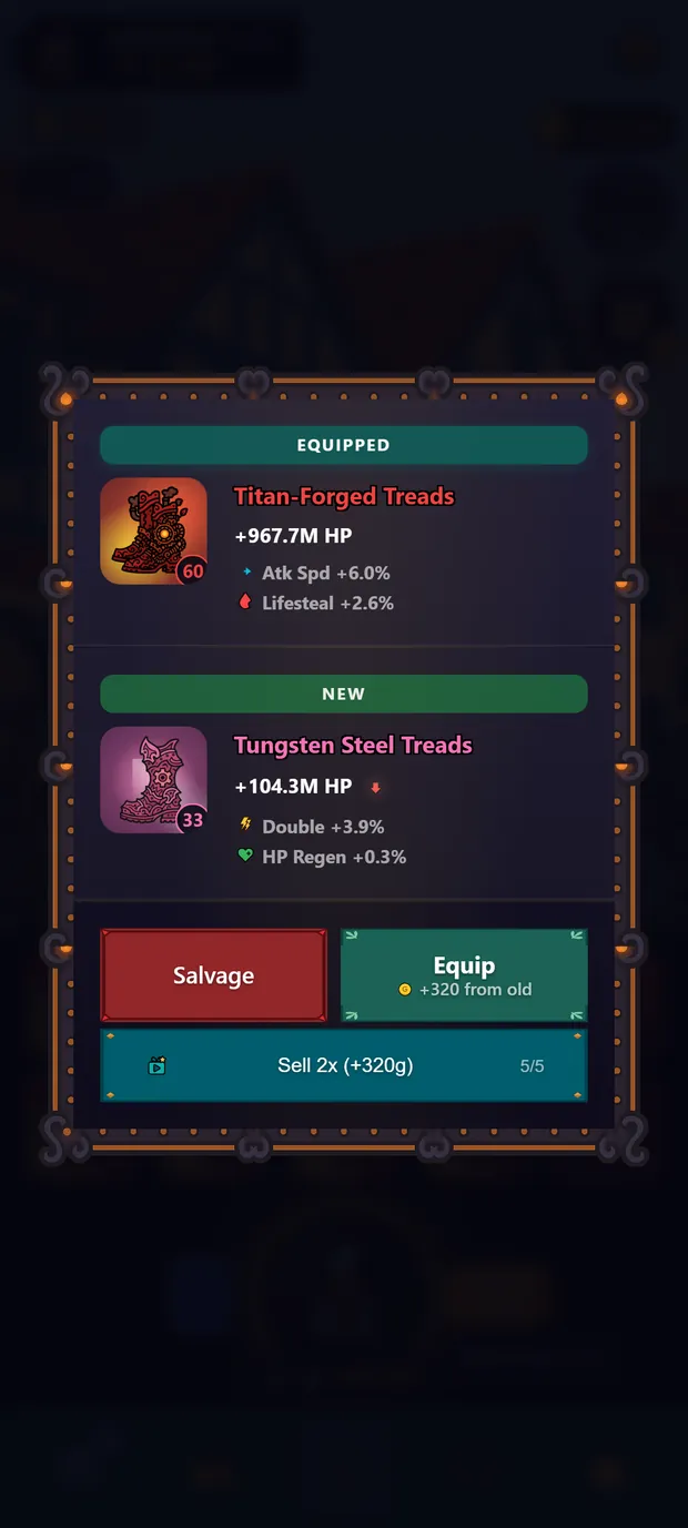 Craft result: a new pair of Tungsten Steel Treads compared against the equipped Titan-Forged Treads