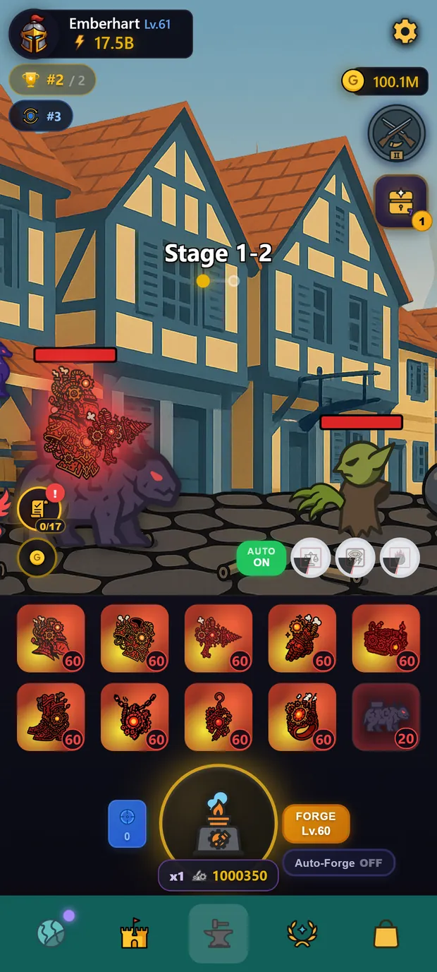 Forge Arsenal combat screen: the hero fights a goblin in a medieval street with a full set of legendary gear