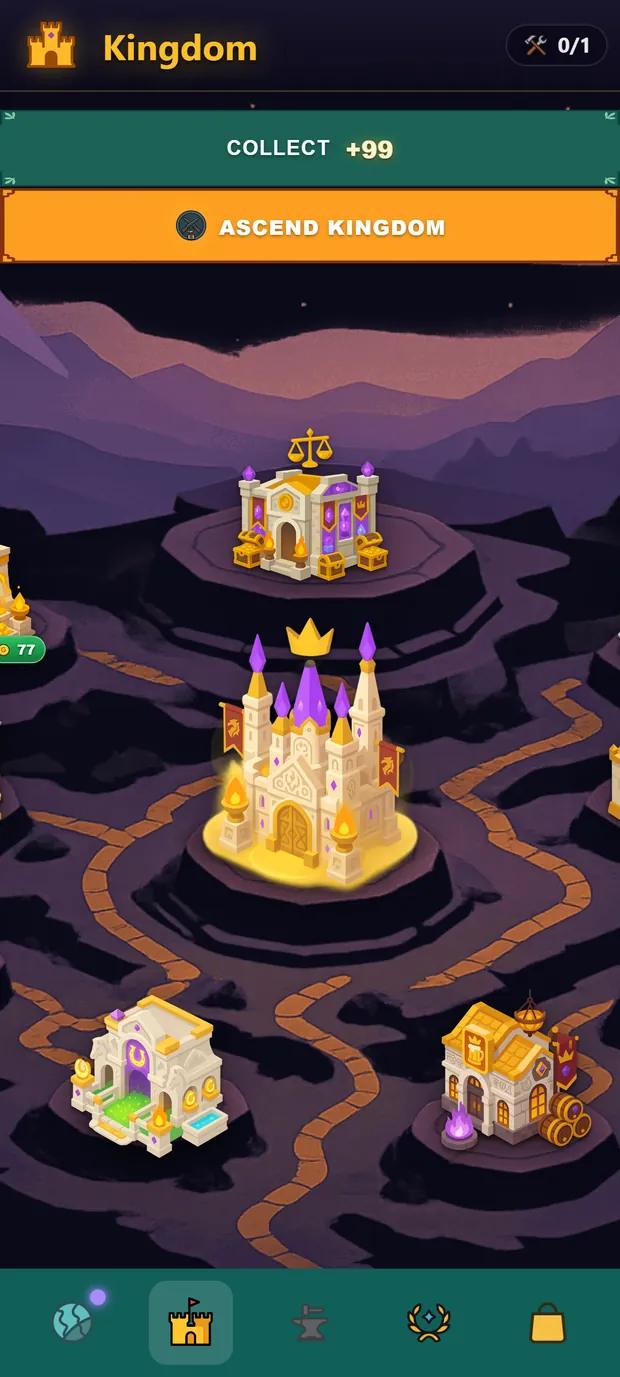Kingdom screen: a golden castle surrounded by a stables, a tavern and a trade post