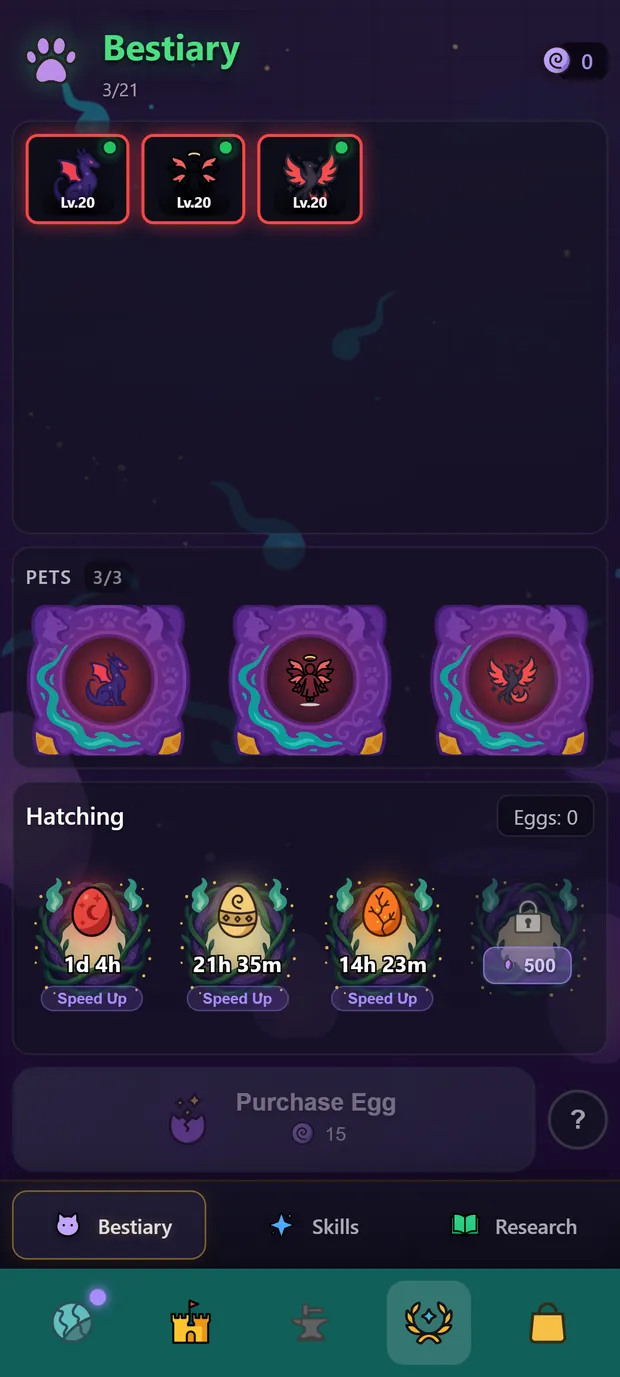Bestiary: three mythical pets at level 20 and three eggs hatching